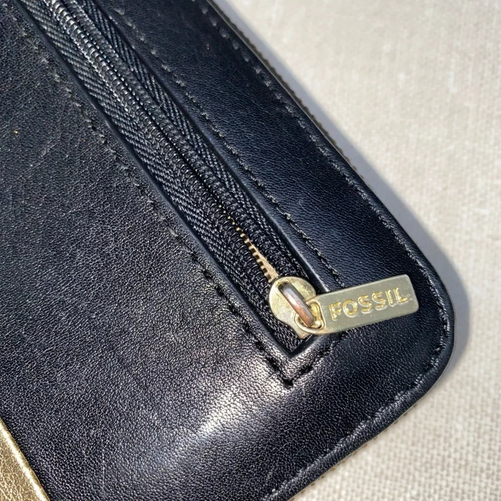 FOSSIL Gold‎ Black Leather Organizer Zip Wallet